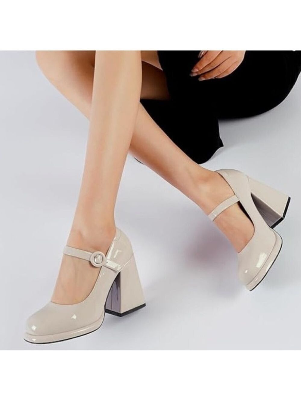 RIBONGZ Black Strappy Platform Heels Pumps Women 9.5